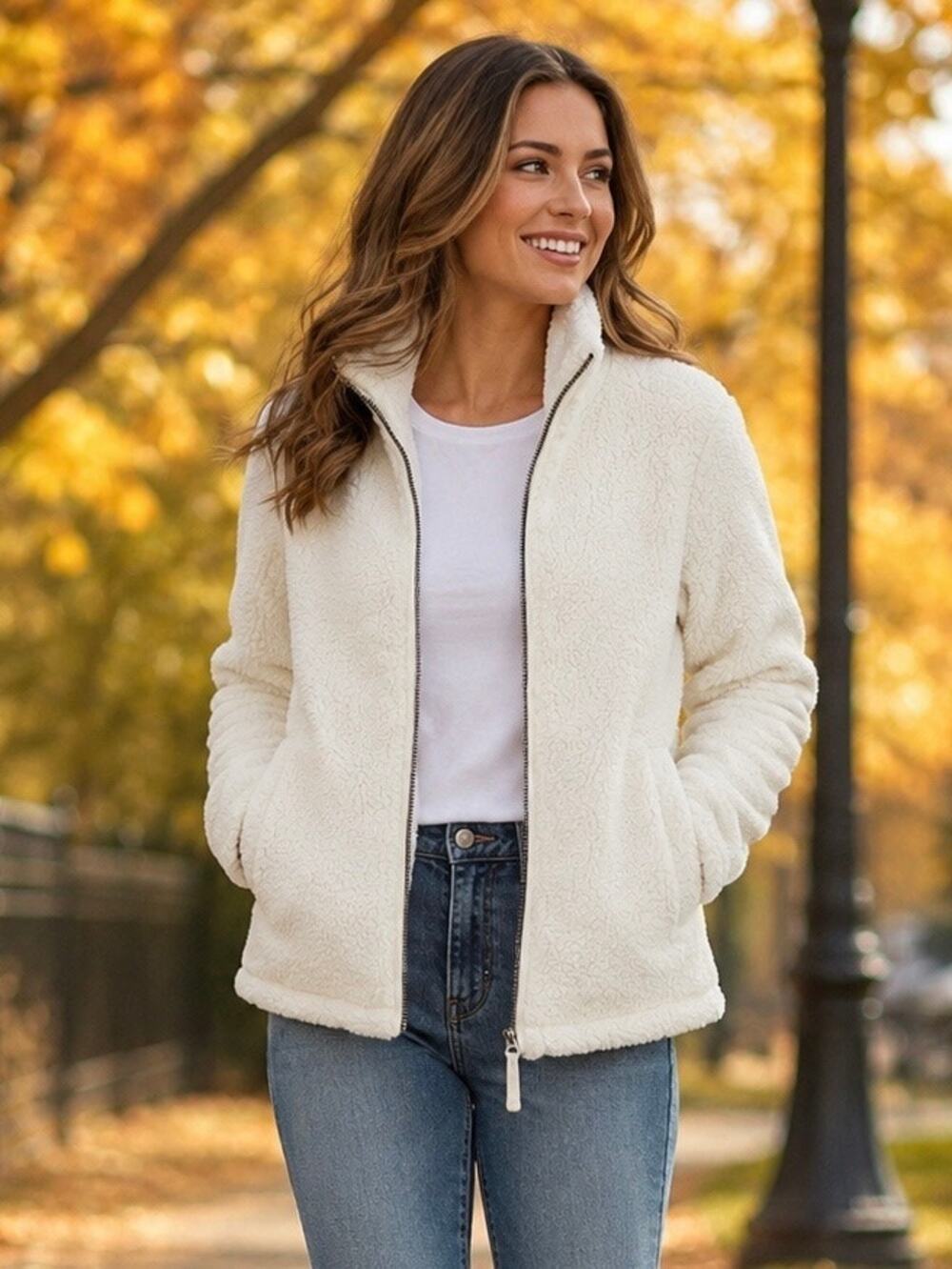 NWT Halcyon Ivory Full Zip Sherpa Fleece Jacket Size S Teddy Coat Faux Fur Cozy